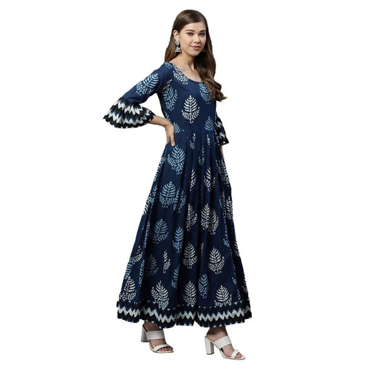 Generic Women's Cotton Printed Regular Kurti (Blue, Cotton )
