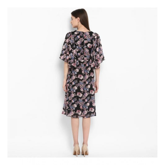 Generic Women's Polyester Floral Short Sleeve Knee-Length Dress (Black - Multicolor)
