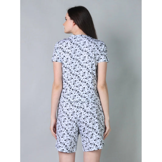 Generic Women's Cotton Blended Printed Round Neck Half Sleeve Top - Shorts Set (White-Black)