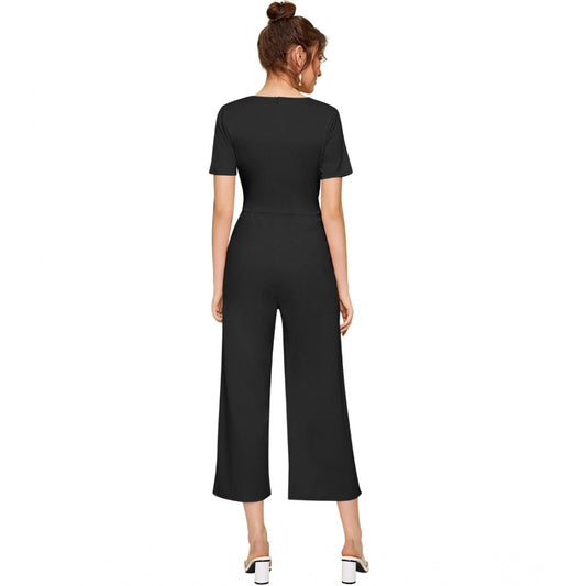 Generic Women's Knitting stretchable Solid Round Neck Cap Sleeve Jumpsuit (Black)