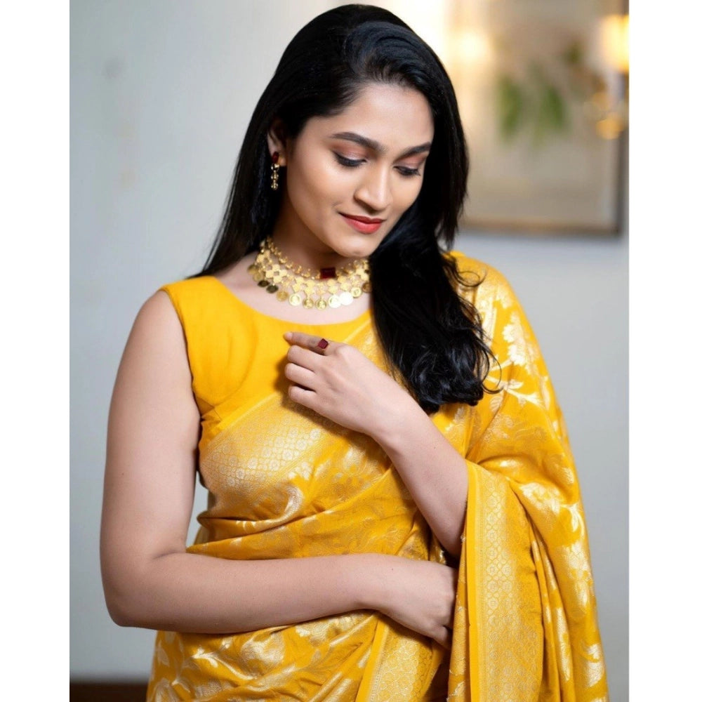 Generic Women's Silk Printed Saree With Unstitched Blouse 5.5Mtr (Yellow)