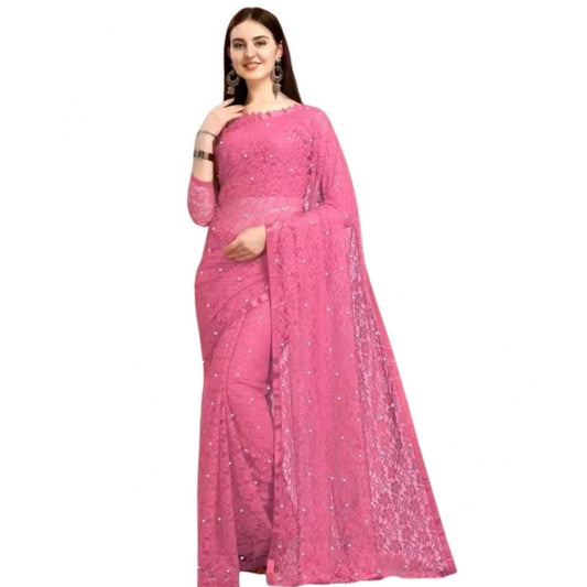 Generic Women's Net Self Design Saree With Unstitched Blouse 5.5Mtr (Dark Pink)