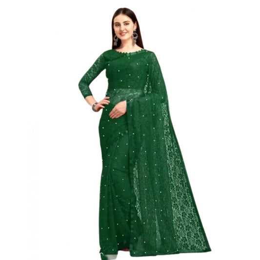 Generic Women's Net Self Design Saree With Unstitched Blouse 5.5Mtr (Green)
