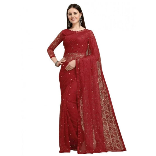 Generic Women's Net Self Design Saree With Unstitched Blouse 5.5Mtr (Maroon)