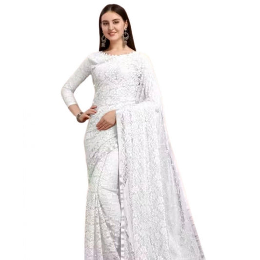 Generic Women's Net Self Design Saree With Unstitched Blouse 5.5Mtr (White)