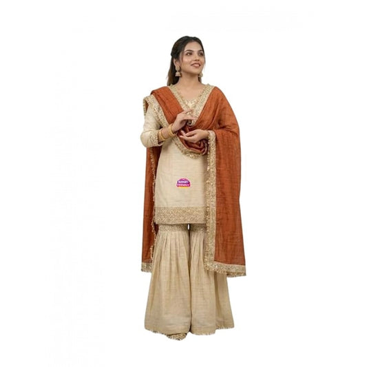 Generic Women's Silk Embroidered 3/4th Sleeve V-Neck Kurti With Sharara Pant and Dupatta Set (Cream & Orange)