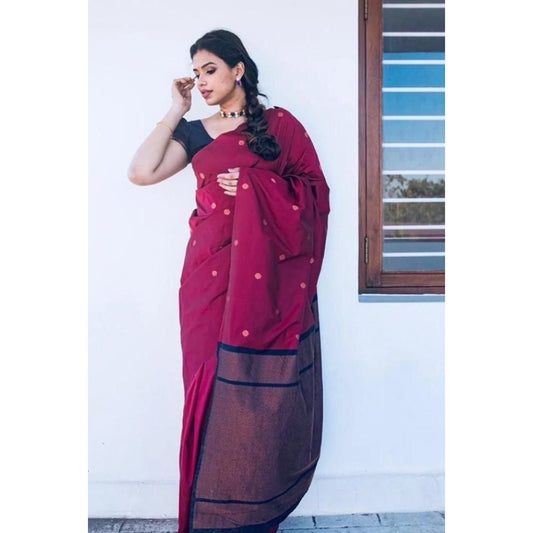 Generic Women's Litchi silk Printed Saree With Unstitched Blouse (Red)