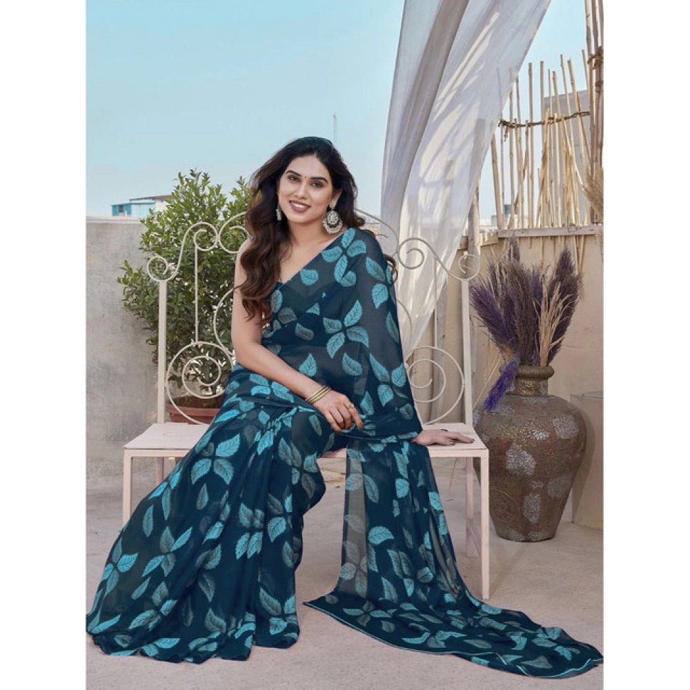 Generic Women's Chiffon Printed Saree With Unstitched Blouse 5.5Mtr (Blue)