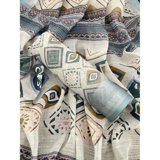 Generic Women's Linen Cotton Printed Saree With Unstitched Blouse 5.5Mtr (Grey)