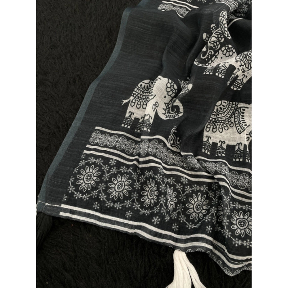Generic Women's Linen Cotton Printed Saree With Unstitched Blouse 5.5Mtr (Black)