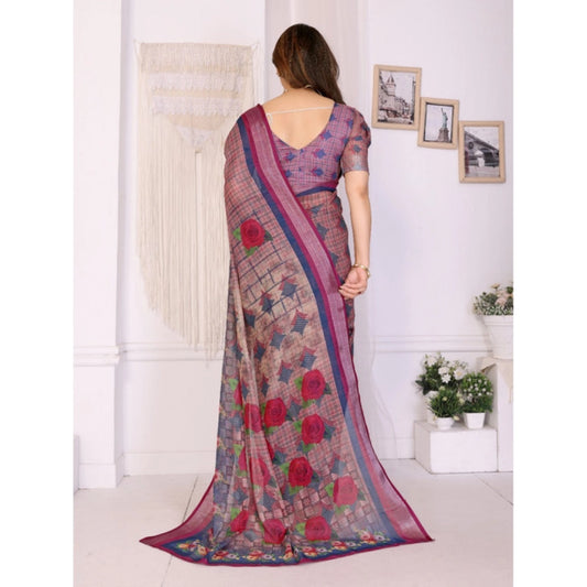 Generic Women's Linen Cotton Printed Saree With Unstitched Blouse 5.5Mtr (Wine )