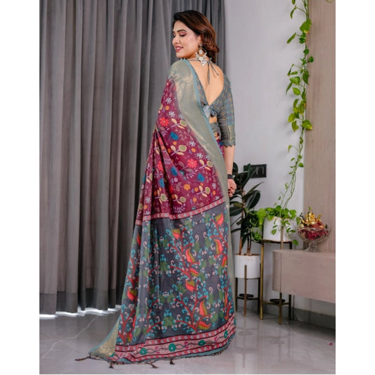 Generic Women's Linen Printed Saree With Unstitched Blouse 5.5Mtr (Purple)