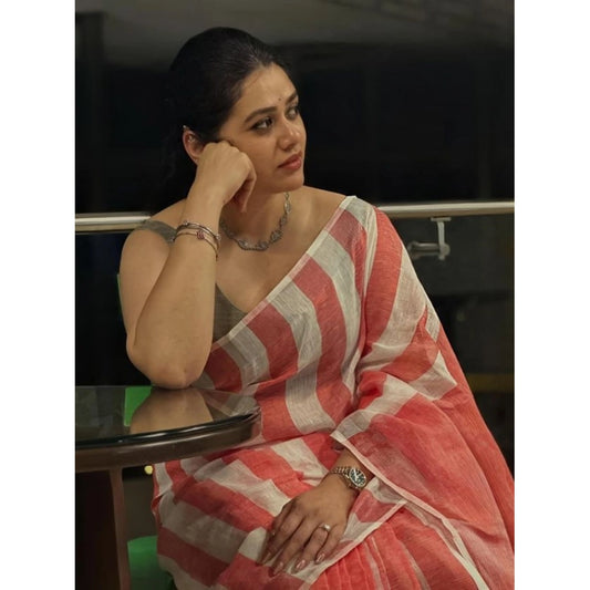 Generic Women's Linen Printed Saree With Unstitched Blouse 5.5Mtr (Multicolor)