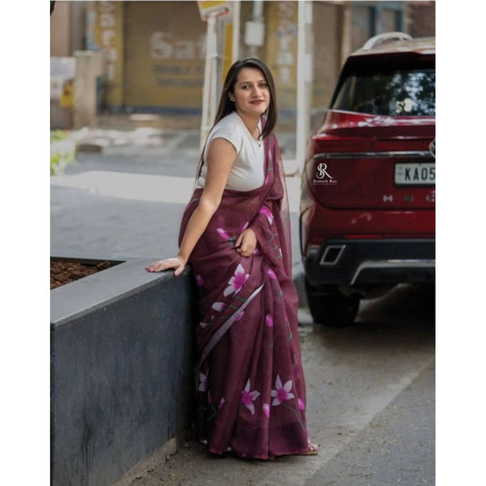 Generic Women's Linen Printed Saree With Unstitched Blouse 5.5Mtr (Brown)