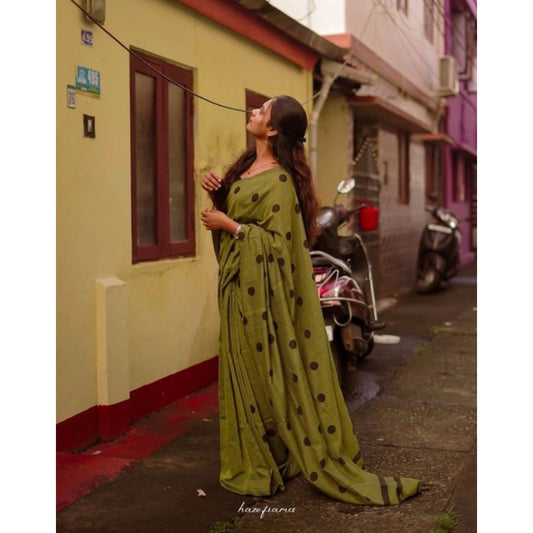 Generic Women's Linen Printed Saree With Unstitched Blouse 5.5Mtr (Green)