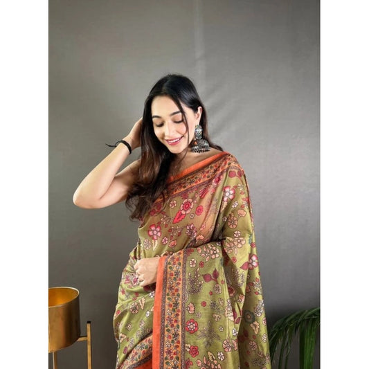Generic Women's Linen Printed Saree With Unstitched Blouse 5.5Mtr (Sea Green)