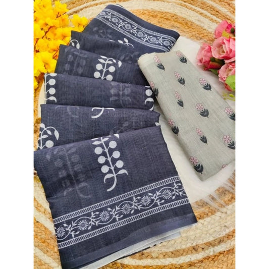 Generic Women's Linen Printed Saree With Unstitched Blouse 5.5Mtr (Grey)