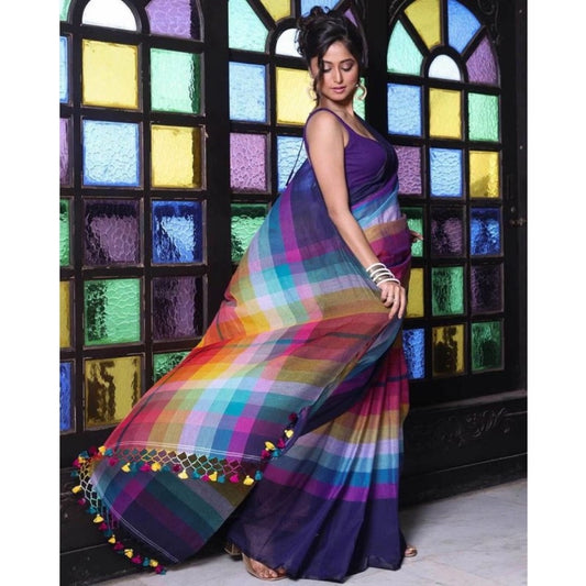 Generic Women's Linen Printed Saree With Unstitched Blouse 5.5Mtr (Navy)