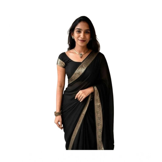 Generic Women's Vichitra Silk Printed Saree With Unstitched Blouse 5.5Mtr (Black)