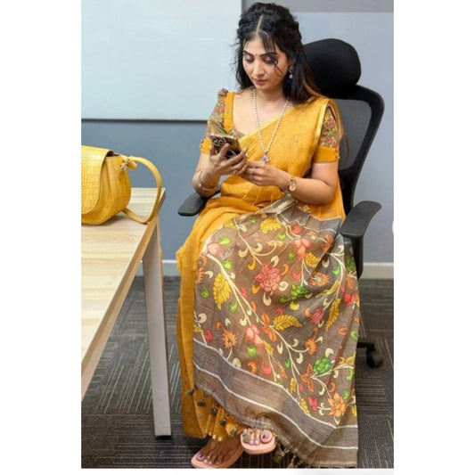 Generic Women's Linen Printed Saree With Unstitched Blouse 5.5Mtr (Mustard)