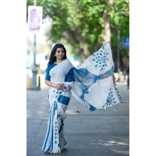 Generic Women's Linen Printed Saree With Unstitched Blouse 5.5Mtr (White)