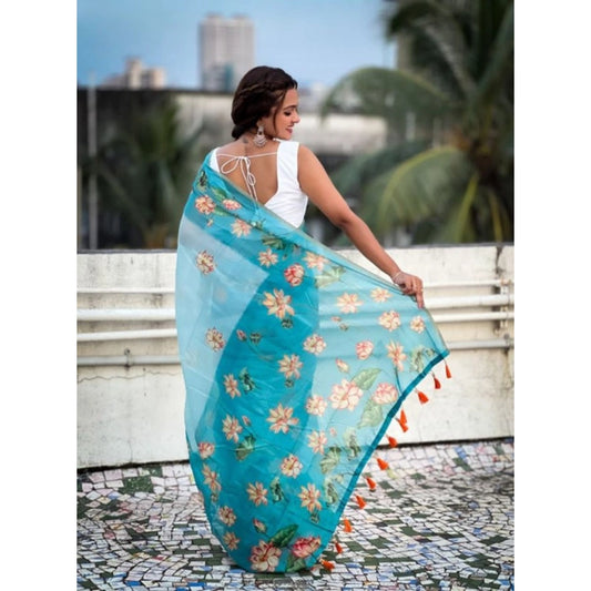 Generic Women's Linen Printed Saree With Unstitched Blouse 5.5Mtr (Aqua)
