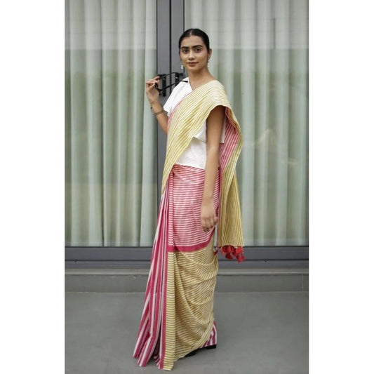 Generic Women's Linen Printed Saree With Unstitched Blouse 5.5Mtr (Yellow)