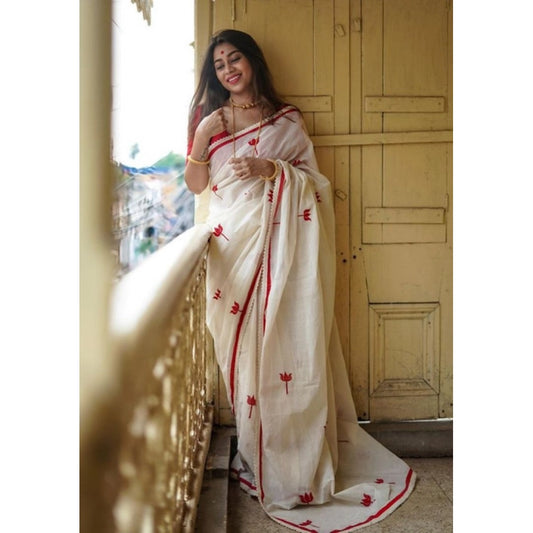 Generic Women's Linen Printed Saree With Unstitched Blouse 5.5Mtr (White)