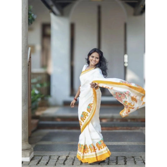 Generic Women's Linen Printed Saree With Unstitched Blouse 5.5Mtr (White)