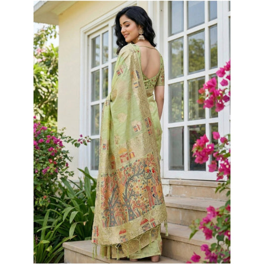 Generic Women's Linen Cotton Printed Saree With Unstitched Blouse 5.5Mtr (Light Green)