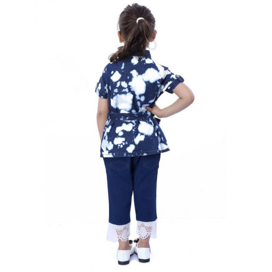 Generic Girl's Denim Tie & Dye Short Sleeve Top (Blue-White)