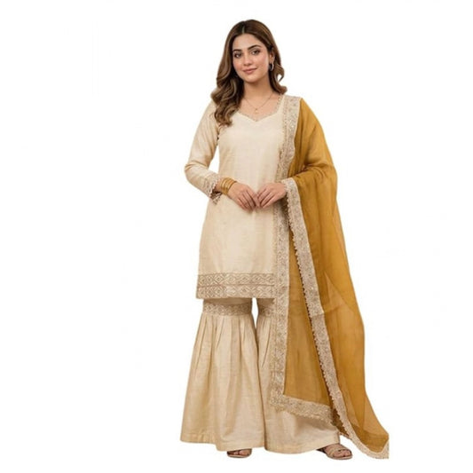 Generic Women's Silk Embroidered 3/4th Sleeve V-Neck Kurti With Sharara Pant and Dupatta Set (Cream & Yellow)