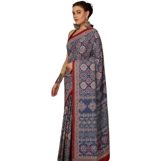 Generic Women's Crepe Printed Saree With Unstitched Blouse 5.5Mtr (Navy Blue)