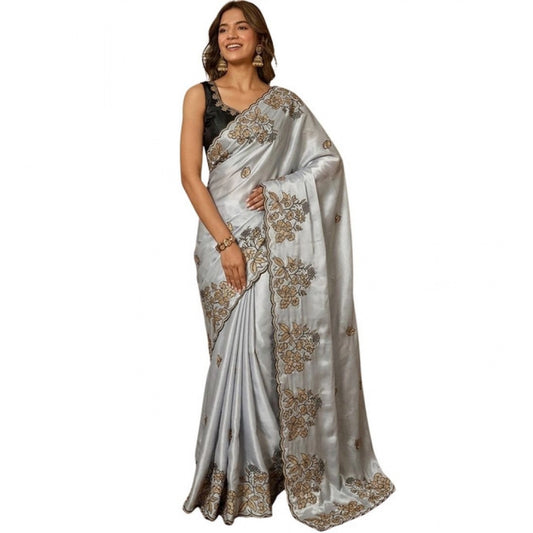 Generic Women's Viscose Silk Embroidered Saree With Unstitched Blouse 5.5Mtr (Grey)