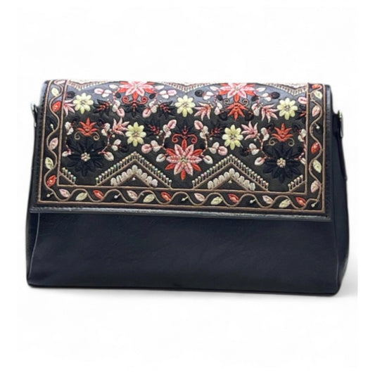 Generic Women's Polyurethane Floral Embroidered Crossbody Sling Bag with Adjustable & Removable Strap (Black)