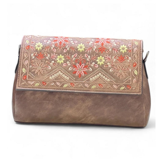 Generic Women's Polyurethane Floral Embroidered Crossbody Sling Bag with Adjustable & Removable Strap (Brown)