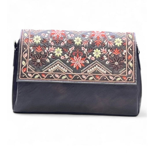 Generic Women's Polyurethane Floral Embroidered Crossbody Sling Bag with Adjustable & Removable Strap (Coffee)