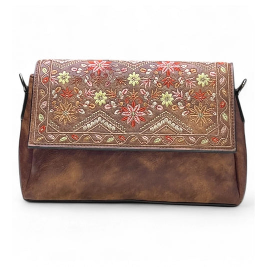 Generic Women's Polyurethane Floral Embroidered Crossbody Sling Bag with Adjustable & Removable Strap (Dark Brown)