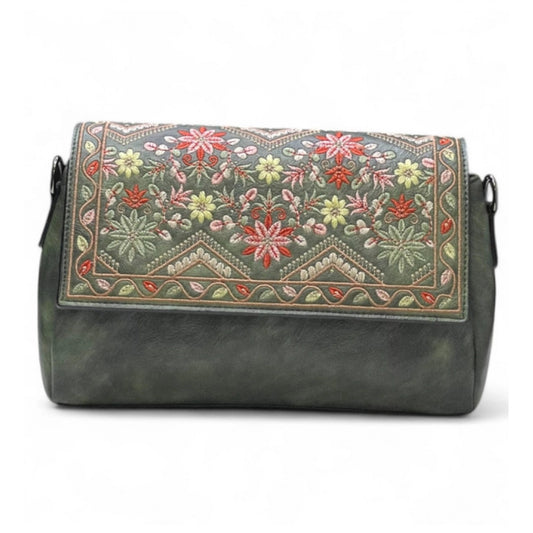 Generic Women's Polyurethane Floral Embroidered Crossbody Sling Bag with Adjustable & Removable Strap (Green)