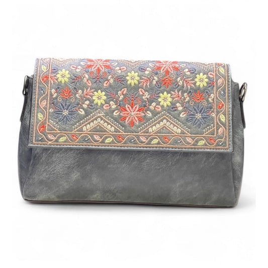 Generic Women's Polyurethane Floral Embroidered Crossbody Sling Bag with Adjustable & Removable Strap (Grey)