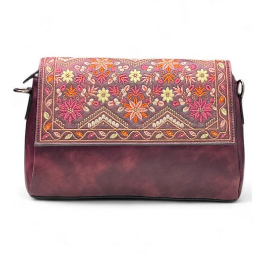Generic Women's Polyurethane Floral Embroidered Crossbody Sling Bag with Adjustable & Removable Strap (Red)