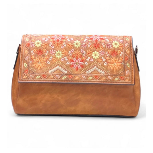 Generic Women's Polyurethane Floral Embroidered Crossbody Sling Bag with Adjustable & Removable Strap (Tan)