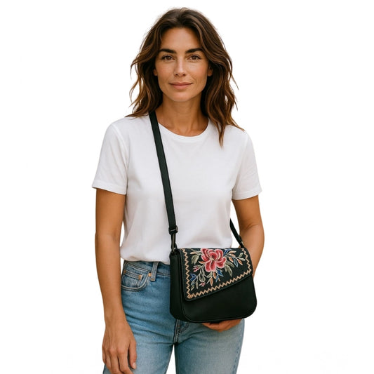 Generic Women's Polyurethane Floral Embroidered Crossbody Sling Bag with Adjustable & Removable Strap (Black)