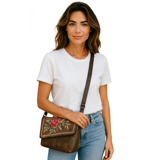 Generic Women's Polyurethane Floral Embroidered Crossbody Sling Bag with Adjustable & Removable Strap (Brown)