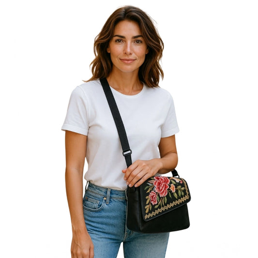 Generic Women's Polyurethane Floral Embroidered Crossbody Sling Bag with Adjustable & Removable Strap (Coffee)