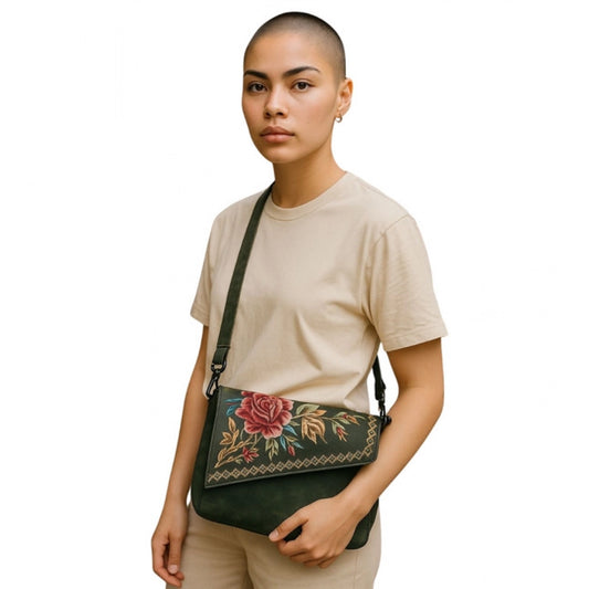 Generic Women's Polyurethane Floral Embroidered Crossbody Sling Bag with Adjustable & Removable Strap (Green)