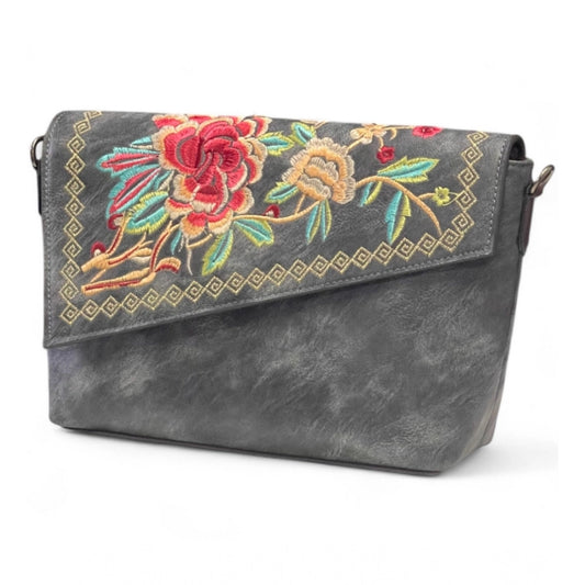 Generic Women's Polyurethane Floral Embroidered Crossbody Sling Bag with Adjustable & Removable Strap (Grey)
