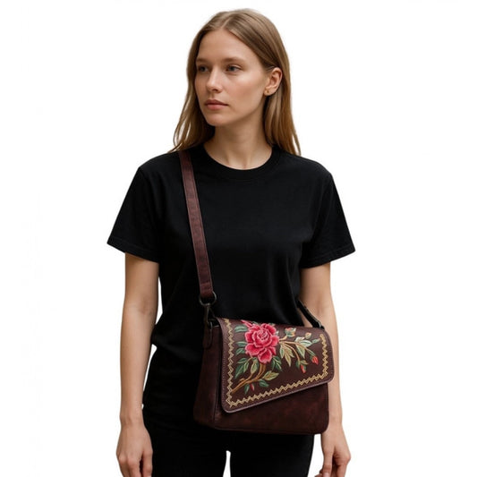 Generic Women's Polyurethane Floral Embroidered Crossbody Sling Bag with Adjustable & Removable Strap (Red)