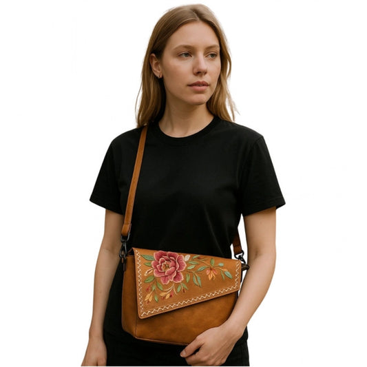 Generic Women's Polyurethane Floral Embroidered Crossbody Sling Bag with Adjustable & Removable Strap (Tan)