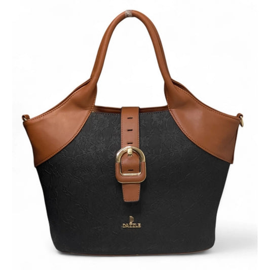 Generic Women's Polyurethane Textured Two-Tone Tote Handbag with Adjustable & Removable Strap (Black-Tan)